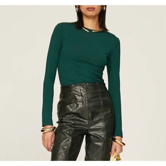 MARINA MOSCONE Collective Top Womens XS Green Ruched Long Sleeve Pull On - Picture 2 of 12